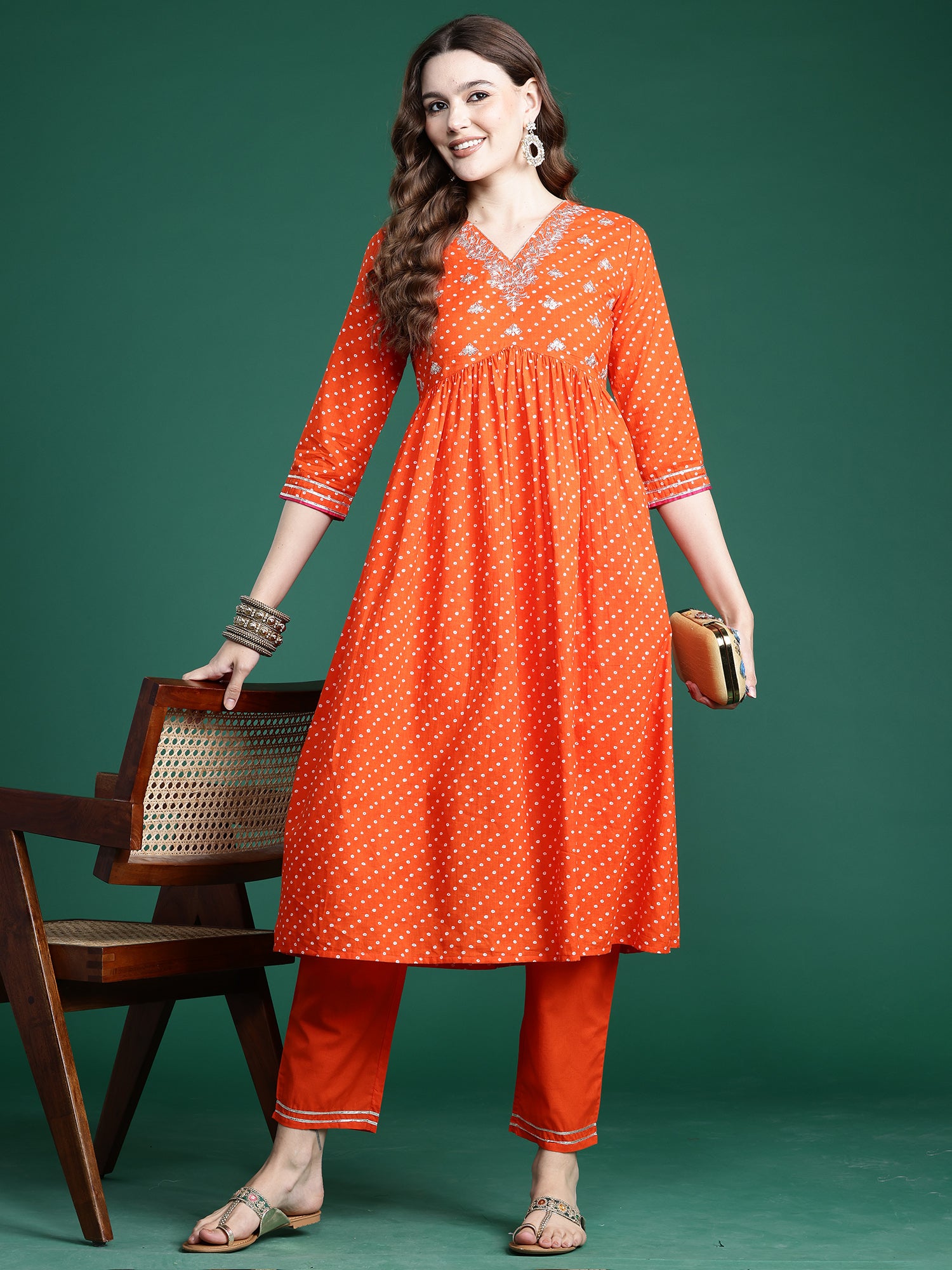 Indo Era Orange Embroidered A-Line Kurta Trousers set - Distacart