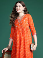 Thumbnail for Indo Era Orange Embroidered A-Line Kurta Trousers set - Distacart