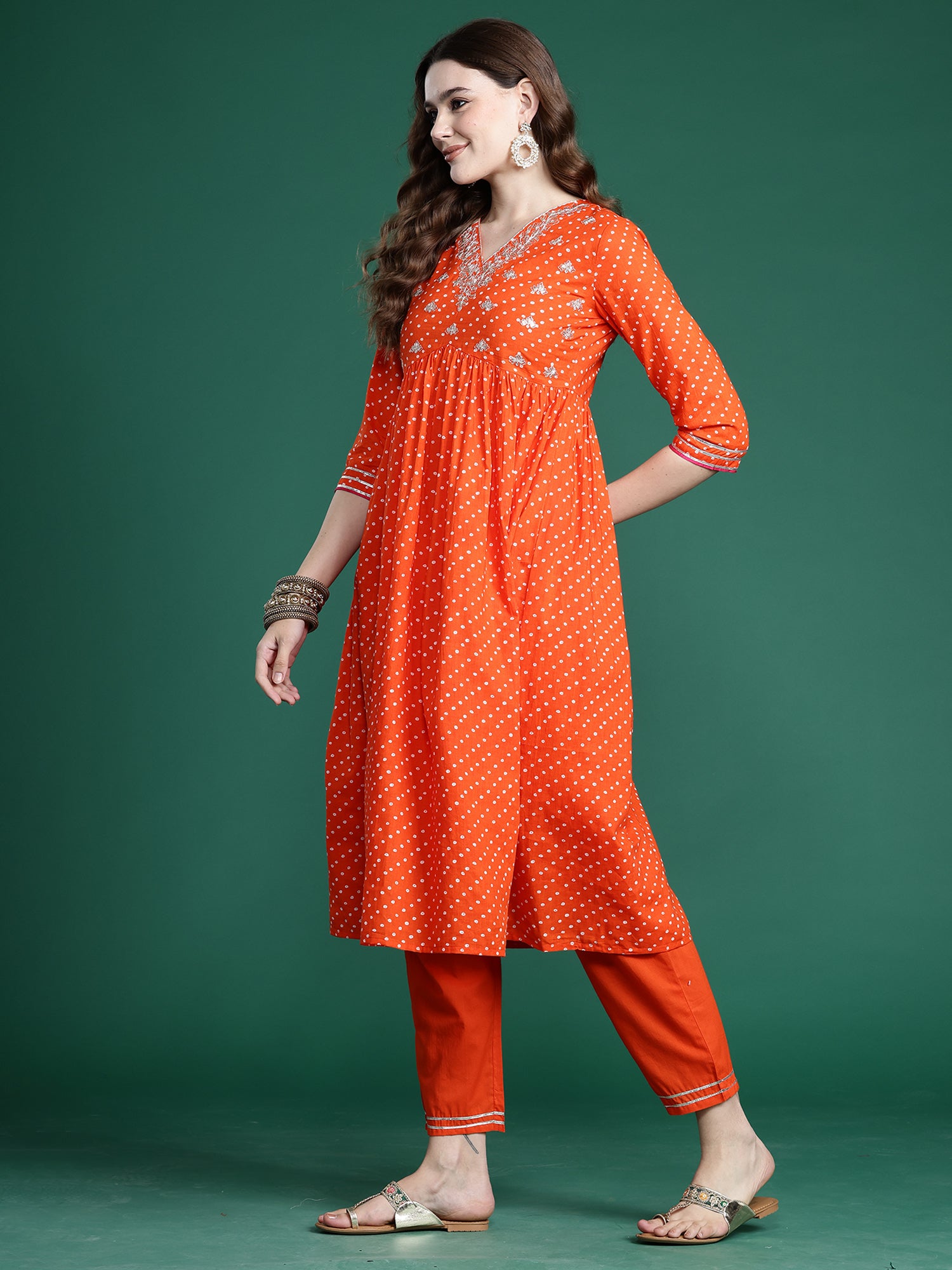 Indo Era Orange Embroidered A-Line Kurta Trousers set - Distacart