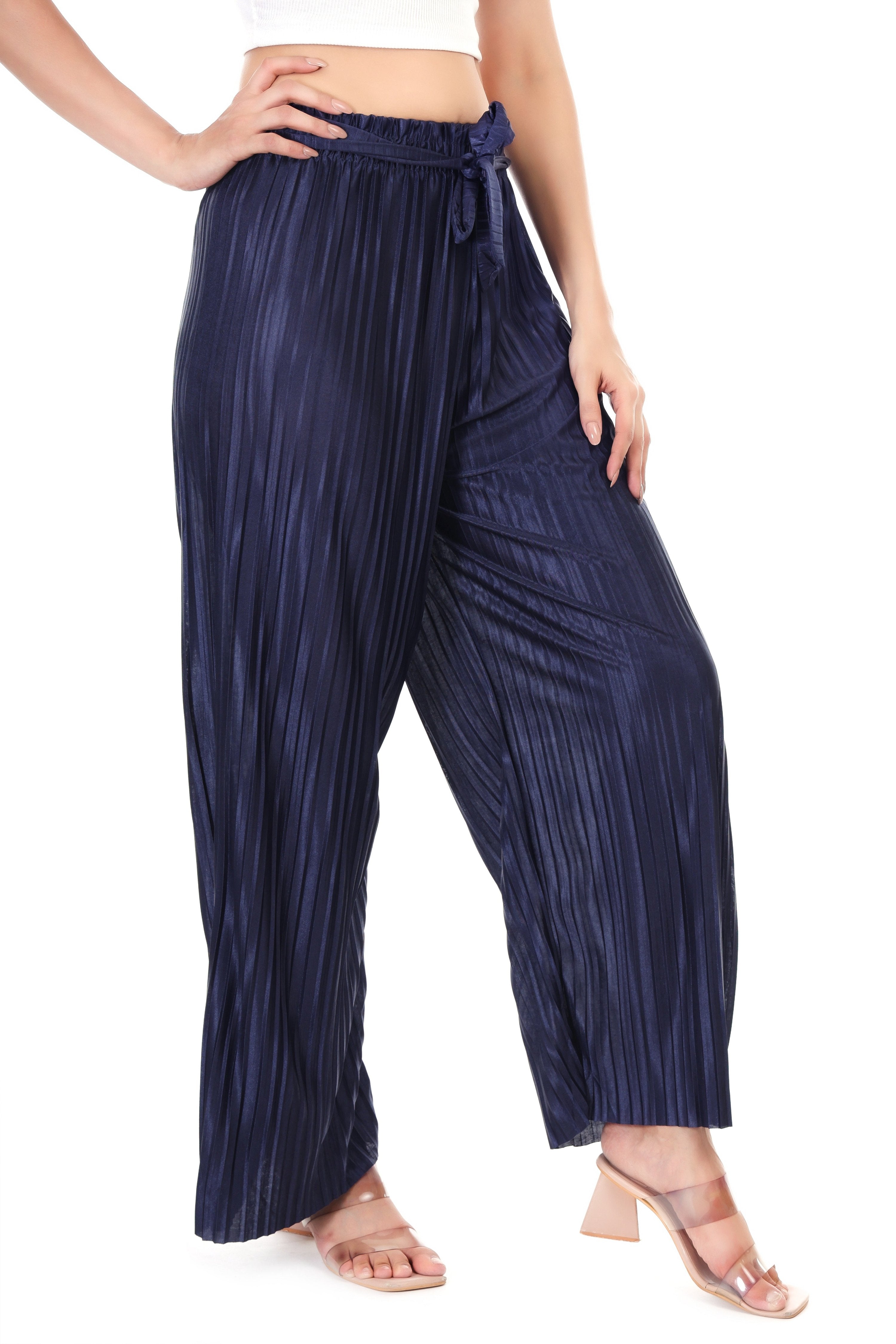 Jaitra Apparels Navy Blue Satin Pleated Free Size Palazzo