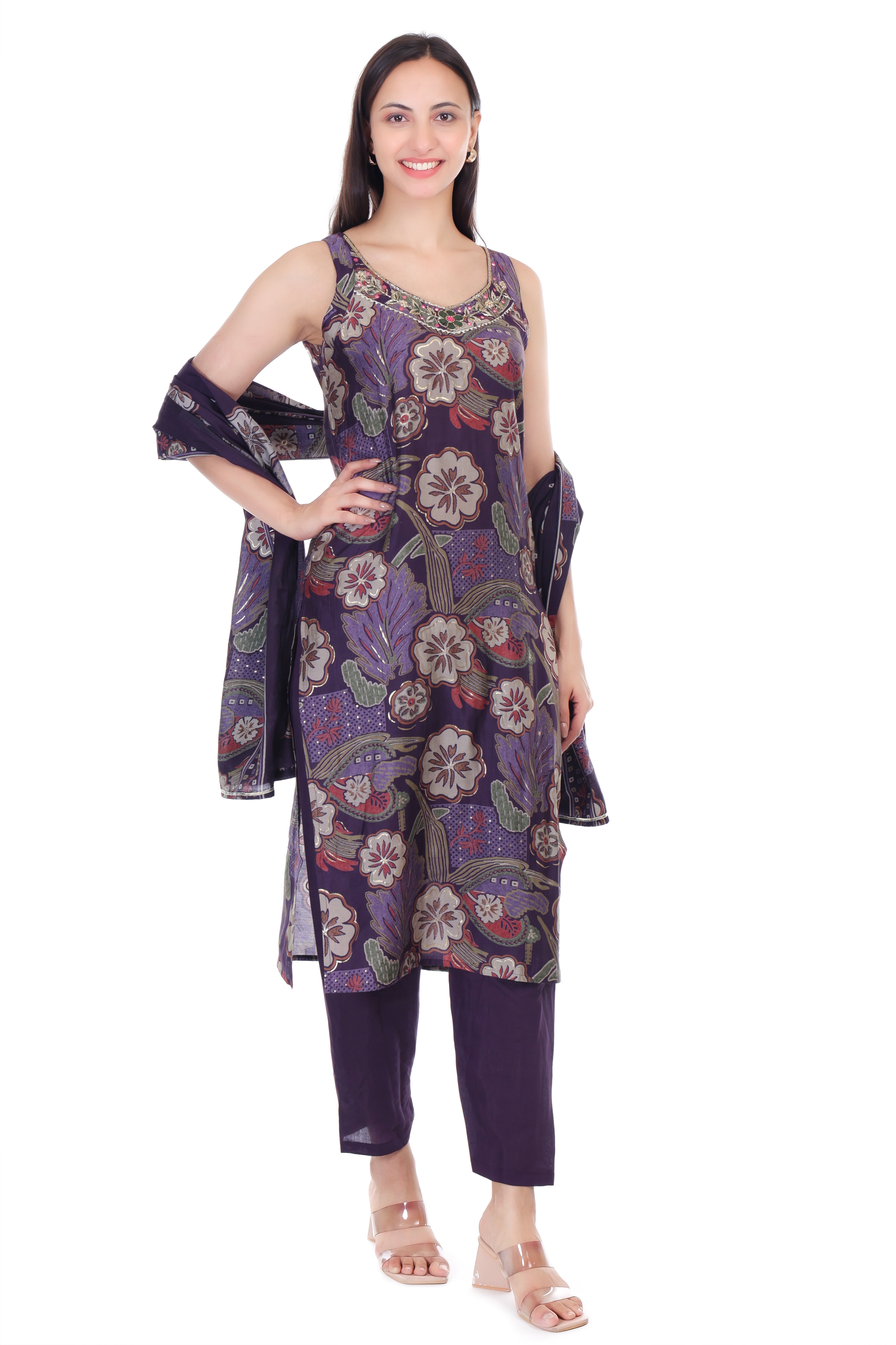 Jaitra Apparels Purple Embroidered Muslin Fabric Kurta Set With Dupatta