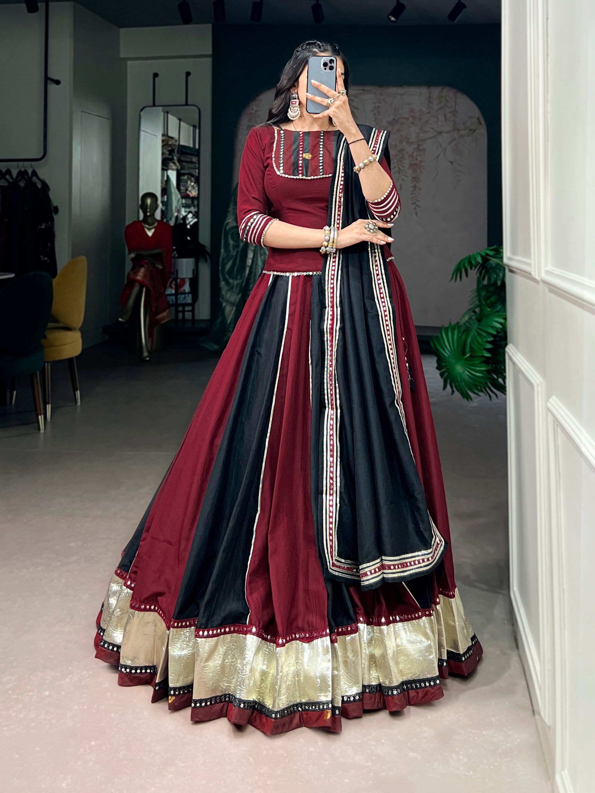 Lorenvalley Fashion Maroon Chinon Enhanced With Embossed Designer Lace And Real Mirror Lace Lehenga Choli With Dupatta - Dista