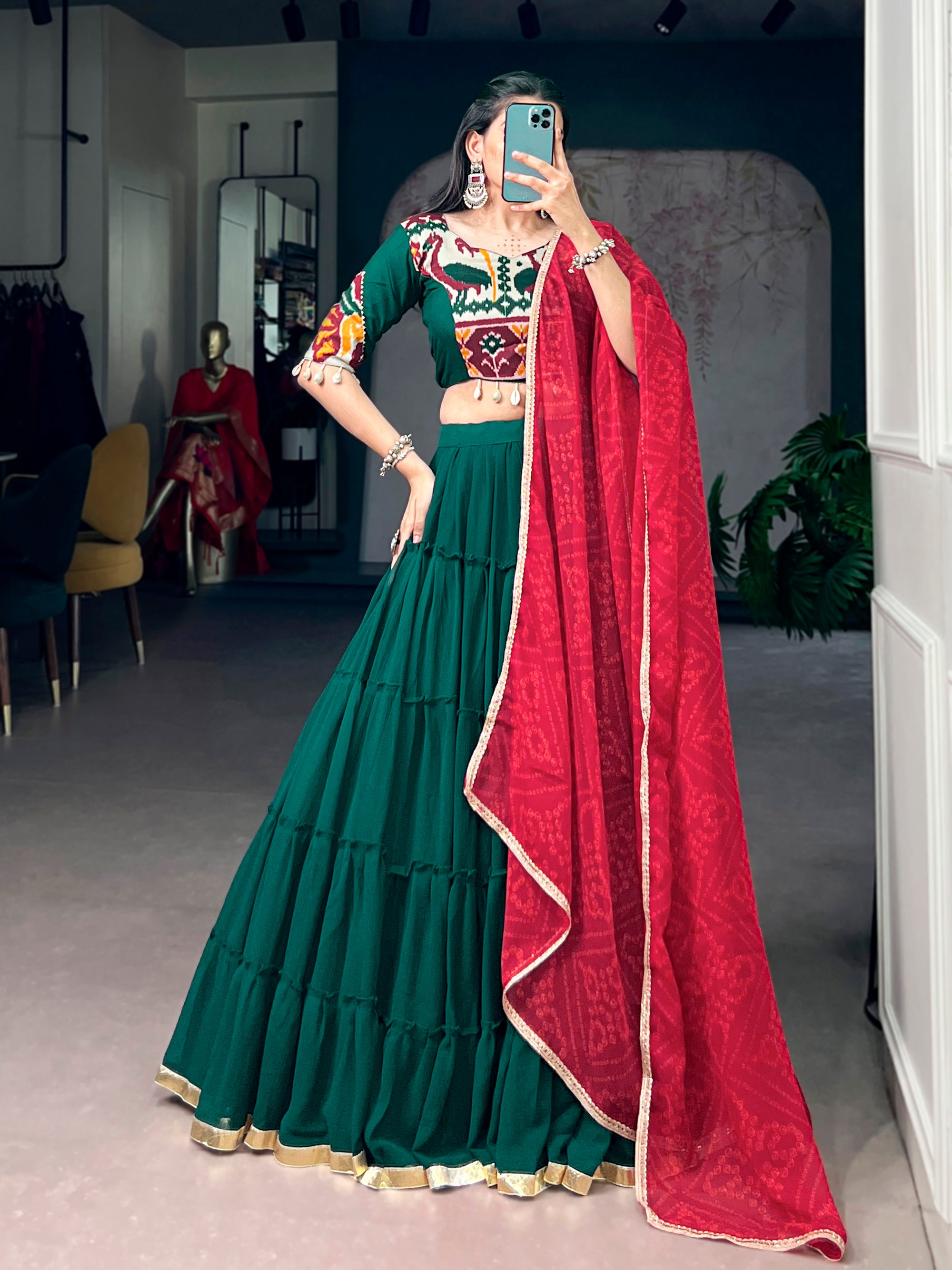 Lorenvalley Fashion Green Marble Plain Lehenga Choli With Dupatta - Dista