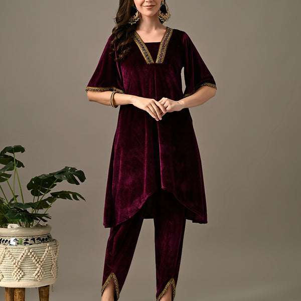 Myshka Women's Magenta Velvet Kurta Pant - Distacart