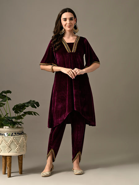Myshka Women's Magenta Velvet Kurta Pant - Distacart