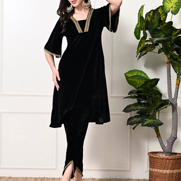 Myshka Women's Black Velvet Kurta Pant - Distacart