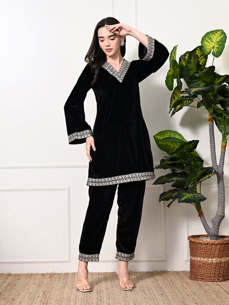 Myshka Women's Black Velvet Kurta Pant - Distacart