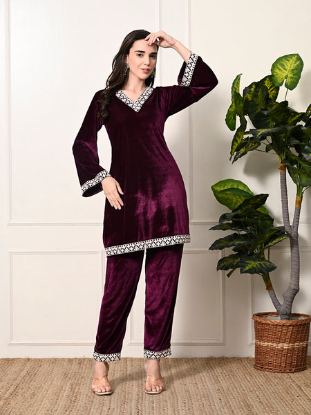 Myshka Women's Magenta Velvet Kurta Pant - Distacart