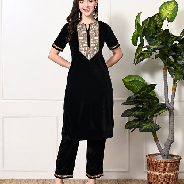 Myshka Women's Black Velvet Kurta Pant - Distacart