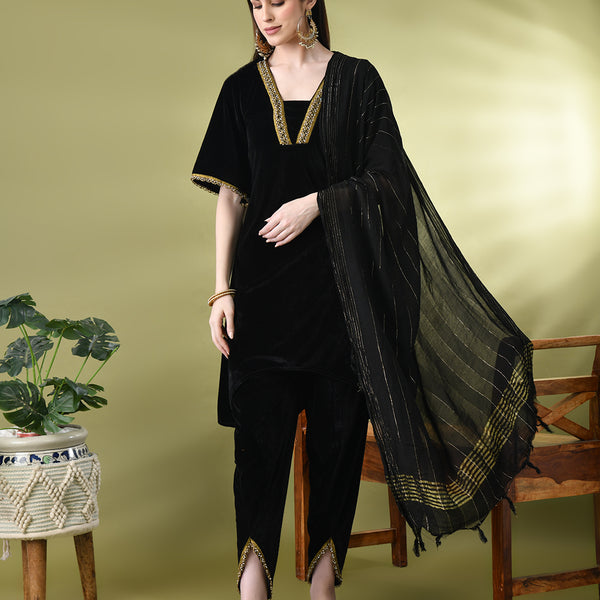 Myshka Women's Black Velvet Kurta Pant With Dupatta Set - Distacart