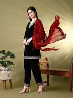 Thumbnail for Myshka Women's Black Velvet Kurta Pant With Dupatta Set