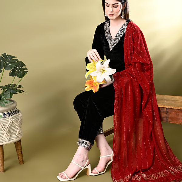 Myshka Women's Black Velvet Kurta Pant With Dupatta Set - Distacart