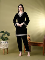 Thumbnail for Myshka Women's Black Velvet Kurta Pant With Dupatta Set