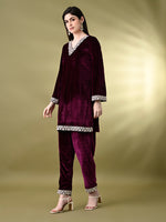 Thumbnail for Myshka Women's Magenta Velvet Kurta Pant With Dupatta Set