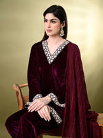Thumbnail for Myshka Women's Magenta Velvet Kurta Pant With Dupatta Set