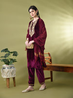 Thumbnail for Myshka Women's Magenta Velvet Kurta Pant With Dupatta Set