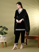 Thumbnail for Myshka Women's Black Velvet Kurta Pant With Dupatta Set