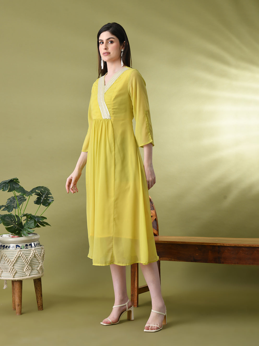 Myshka Women's Green Solid Georgette Dress - Distacart