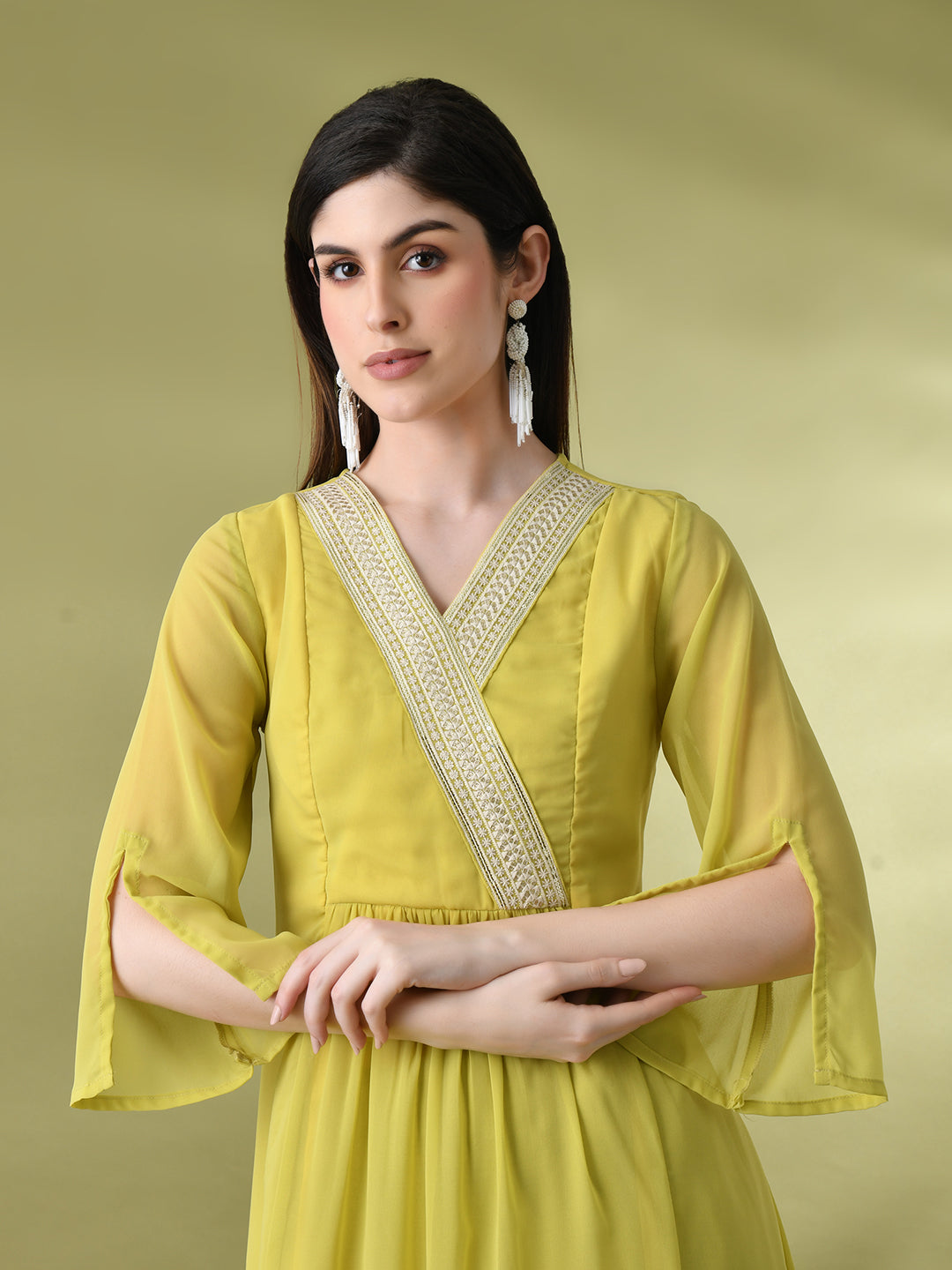 Myshka Women's Green Solid Georgette Dress - Distacart