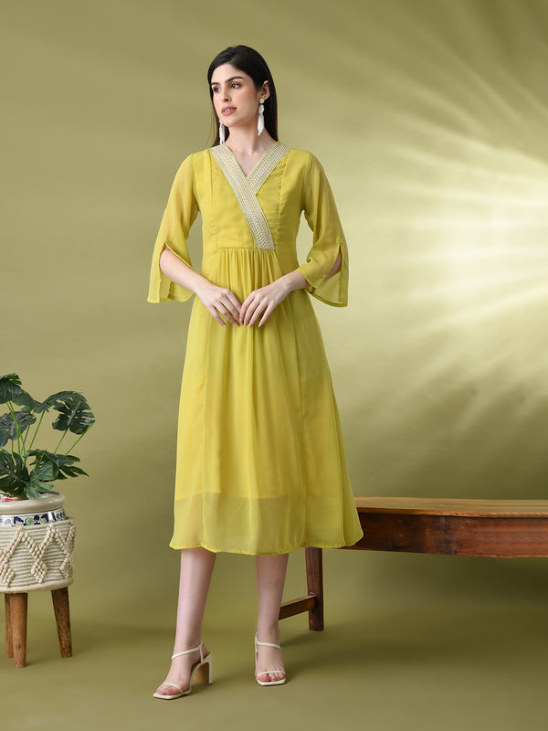 Myshka Women's Green Solid Georgette Dress - Distacart