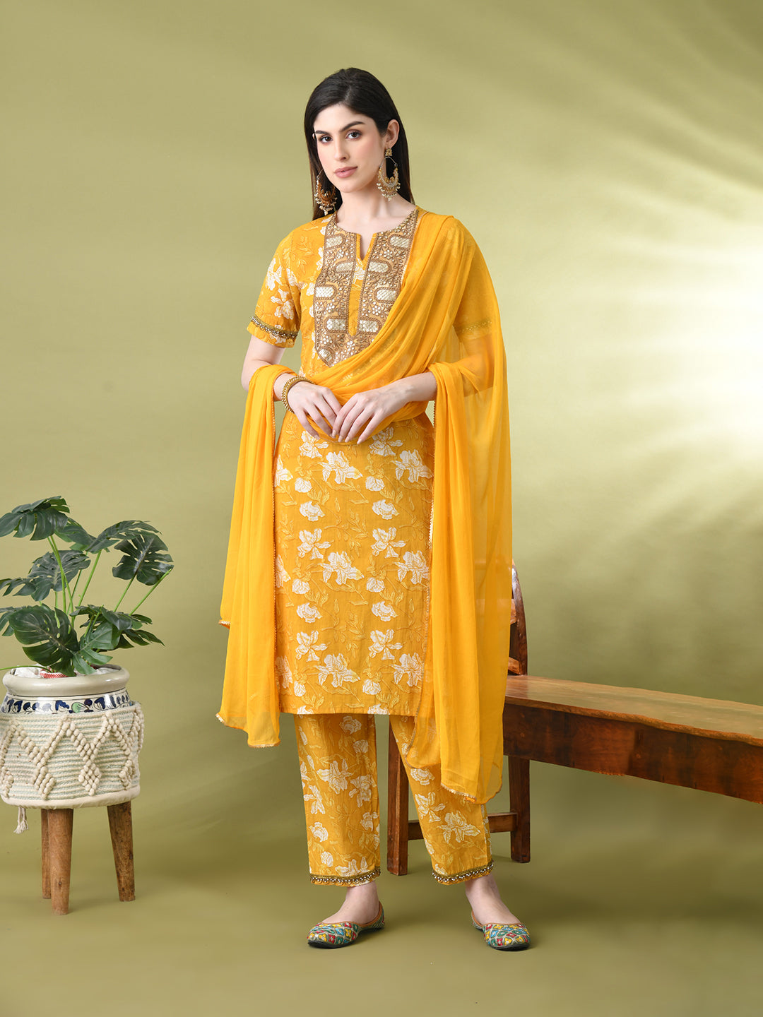 Myshka Women's Cotton Yellow Printed Kurta Set With Dupatta - Distacart