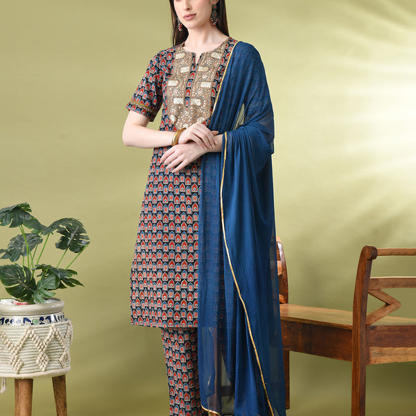 Myshka Women's Cotton Printed Kurta Set With Dupatta - Distacart