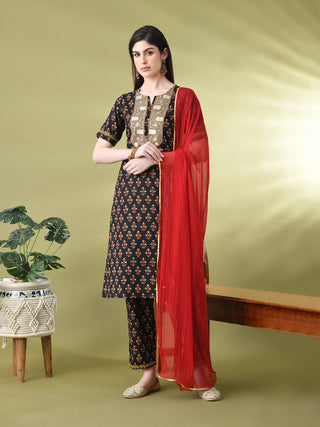 Myshka Women's Cotton Printed Kurta Set With Dupatta - Distacart