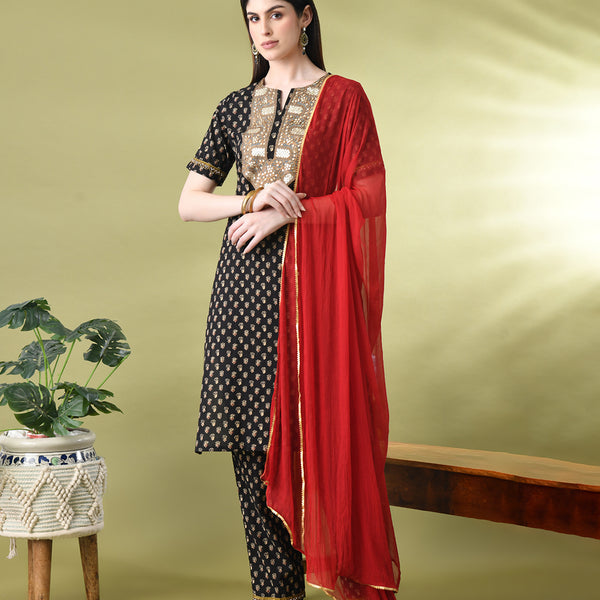 Myshka Women's Cotton Black Printed Kurta Set With Dupatta - Distacart