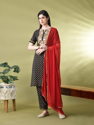 Myshka Women's Cotton Black Printed Kurta Set With Dupatta - Distacart