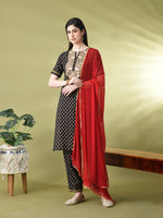 Thumbnail for Myshka Women's Cotton Black Printed Kurta Set With Dupatta
