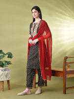 Thumbnail for Myshka Women's Cotton Black Printed Kurta Set With Dupatta