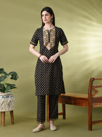 Thumbnail for Myshka Women's Cotton Black Printed Kurta Set With Dupatta