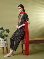 Thumbnail for Myshka Women's Cotton Black Printed Kurta Set With Dupatta