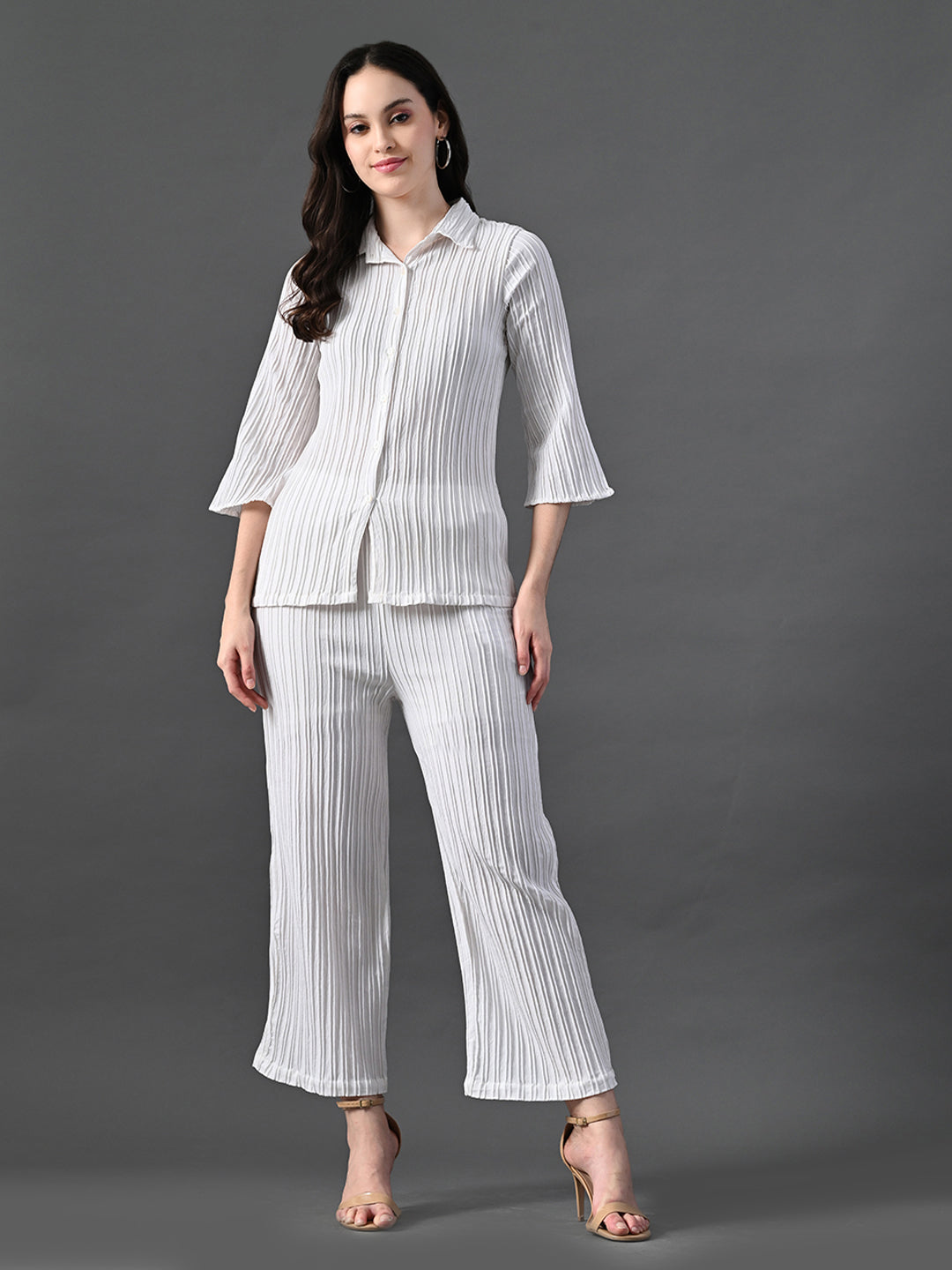 Myshka Women's White Pleated Co-Ord Set - Distacart