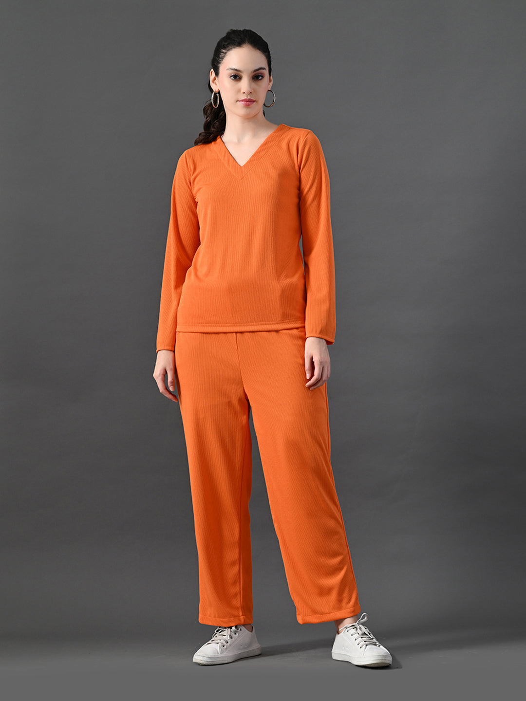 Myshka Women's Vibrant Orange Ribbed Cord Set - Distacart