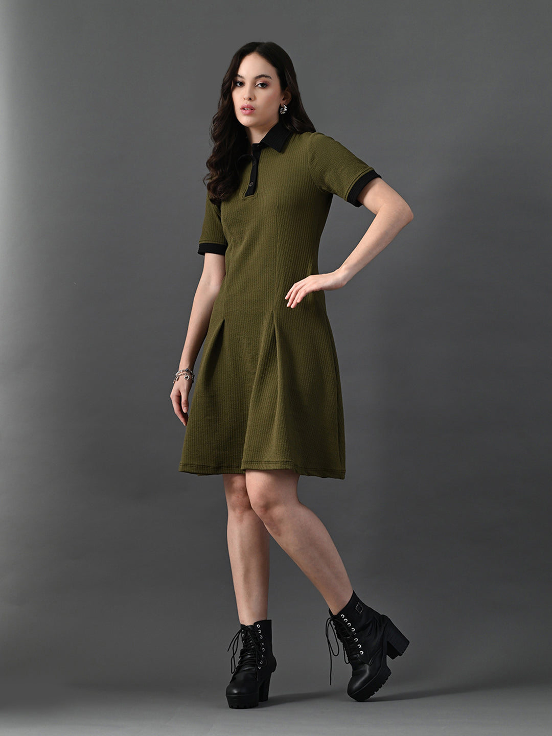 Myshka Women's Olive Collared Dress - Distacart