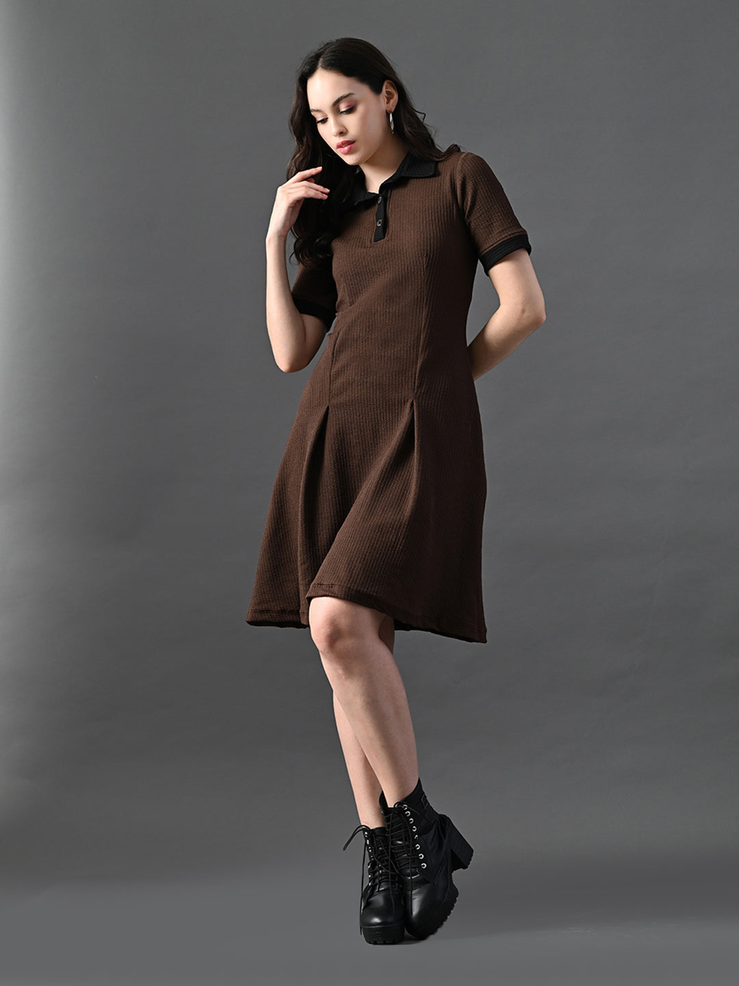 Myshka Women's Coffe Brown Collared Dress - Distacart