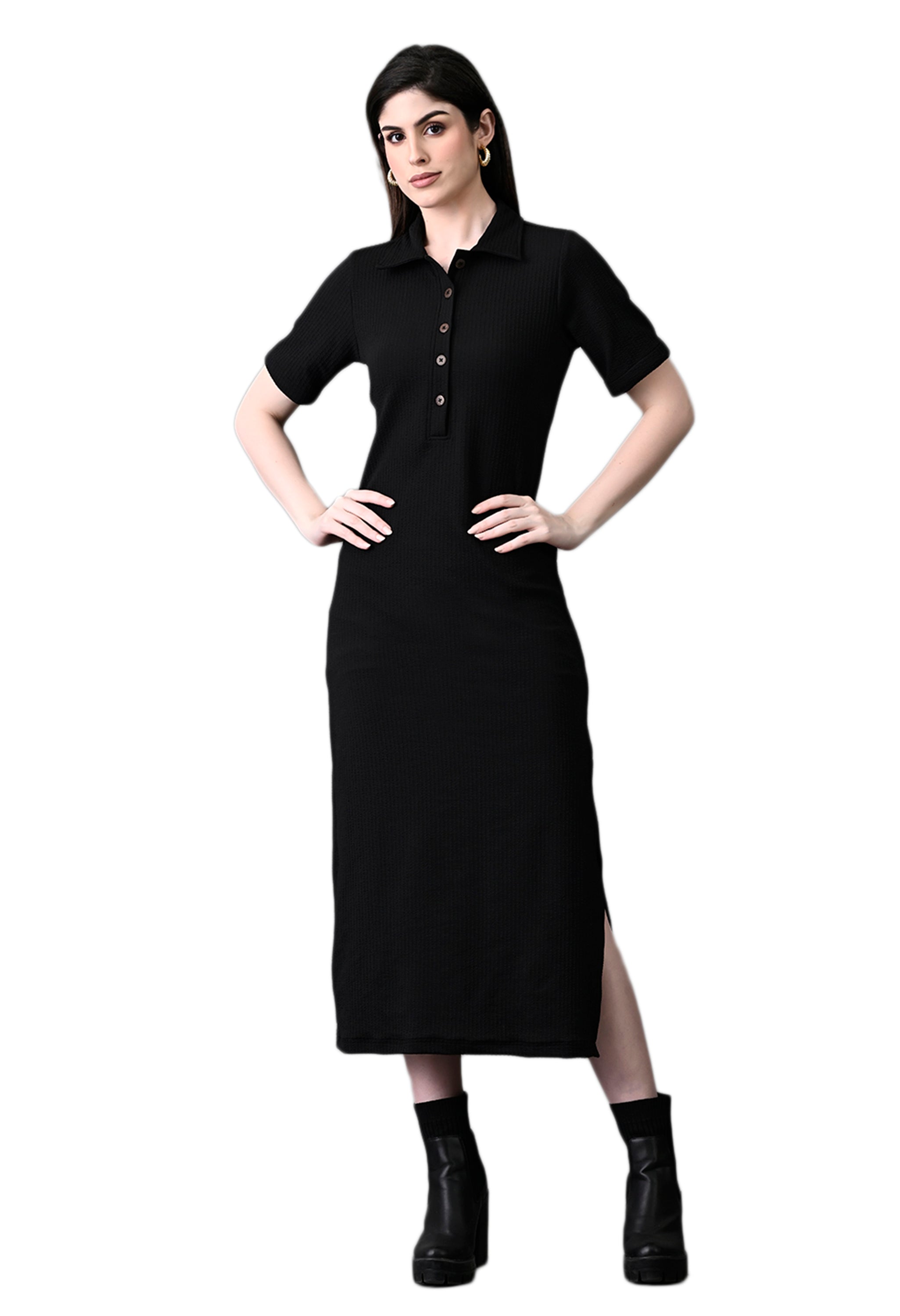Myshka Women's Elegant Black Midi Dress With Collared Neckline - Distacart