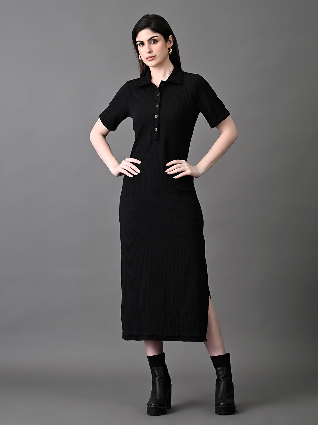 Myshka Women's Elegant Black Midi Dress With Collared Neckline - Distacart