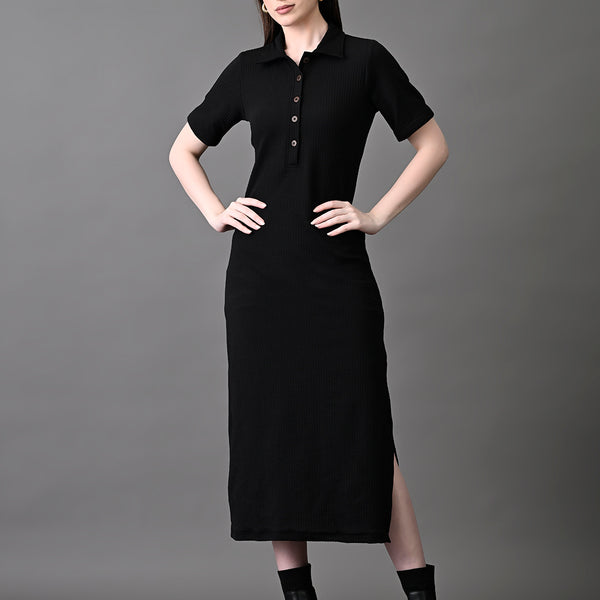 Myshka Women's Elegant Black Midi Dress With Collared Neckline - Distacart