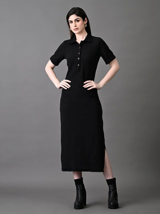 Myshka Women's Elegant Black Midi Dress With Collared Neckline - Distacart