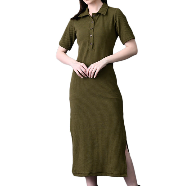 Myshka Women's Elegant Olive Midi Dress With Collared Neckline - Distacart