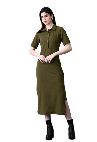 Myshka Women's Elegant Olive Midi Dress With Collared Neckline - Distacart
