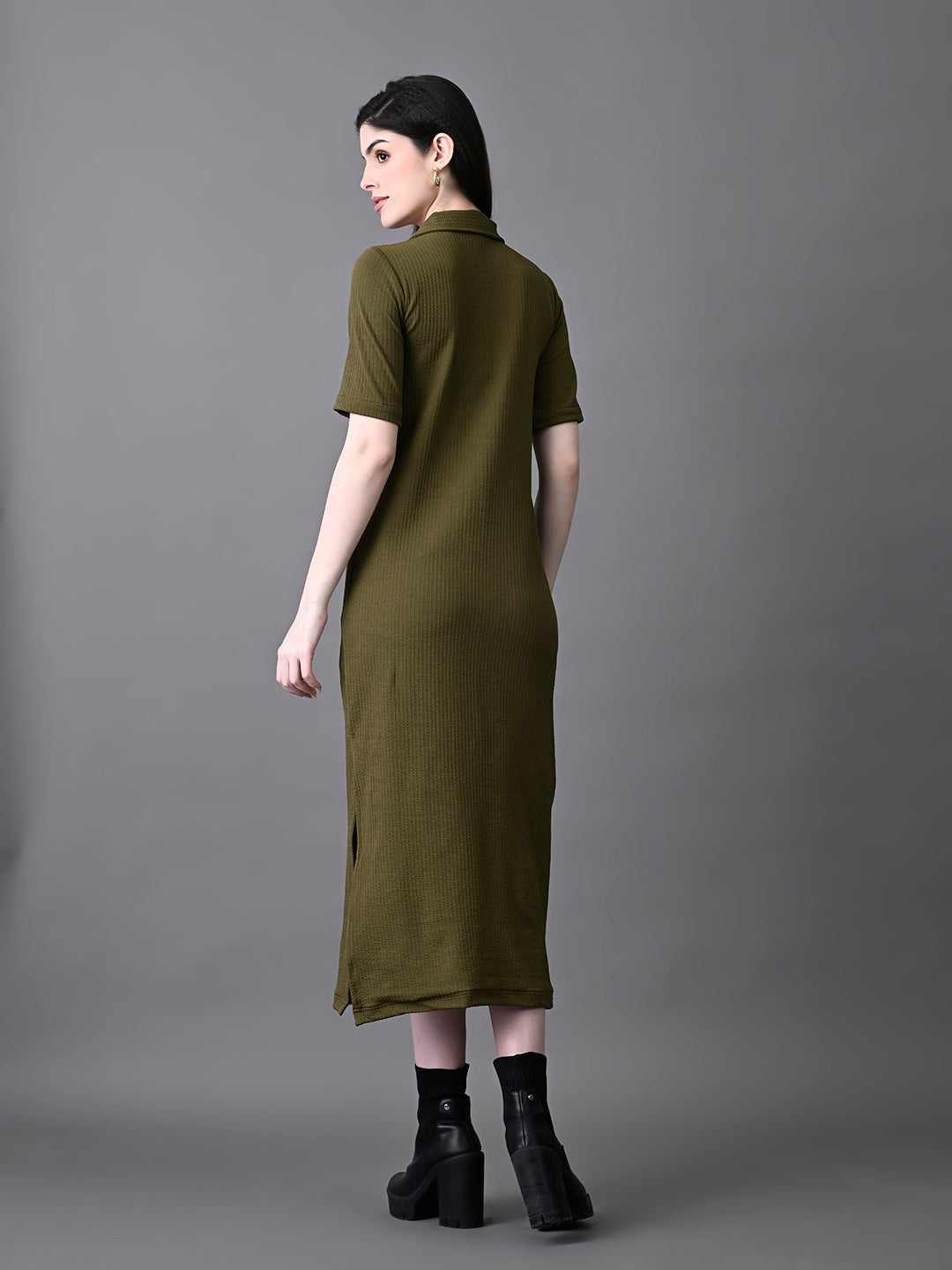 Myshka Women's Elegant Olive Midi Dress With Collared Neckline - Distacart