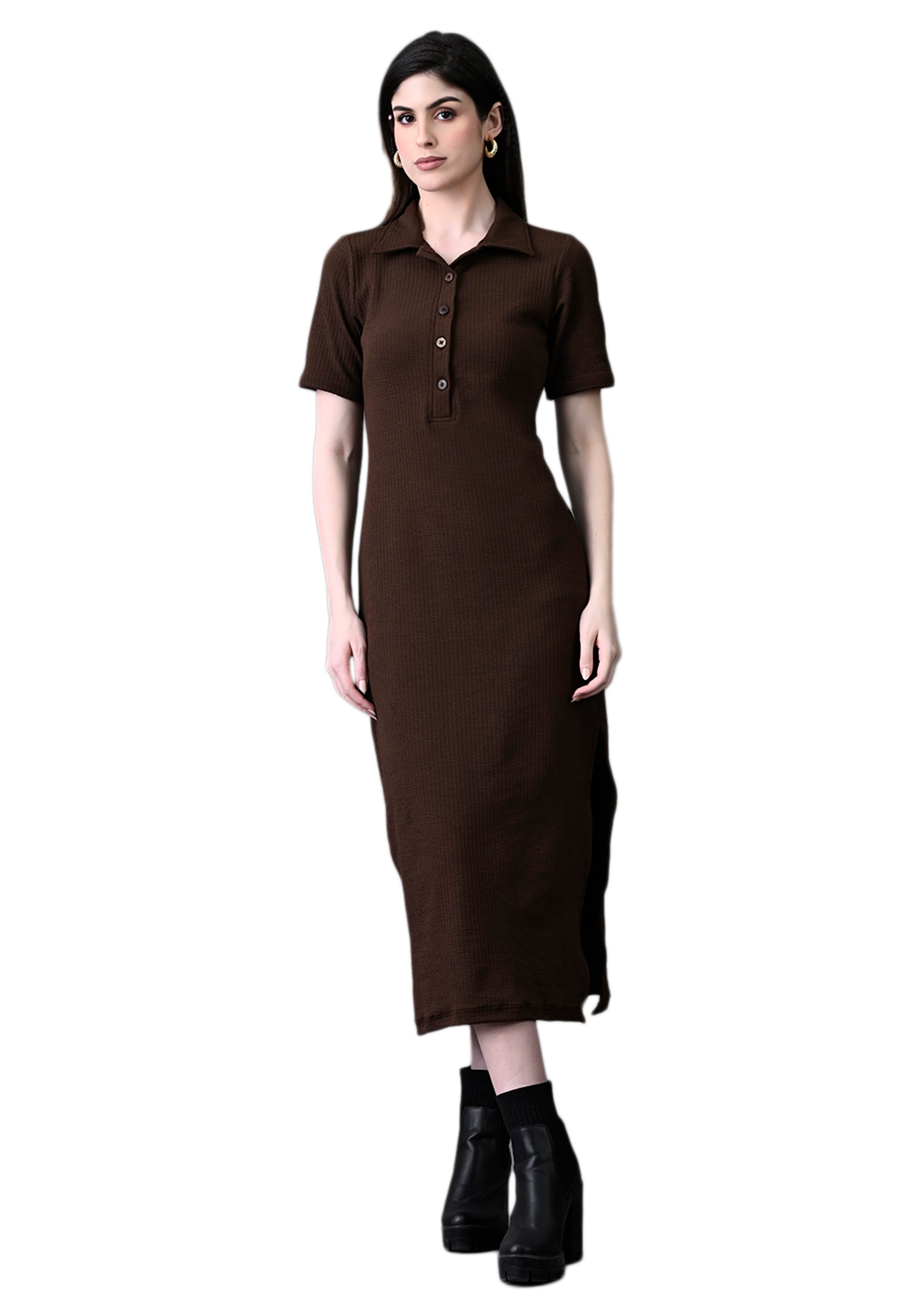 Myshka Women's Elegant Coffe Midi Dress With Collared Neckline - Distacart
