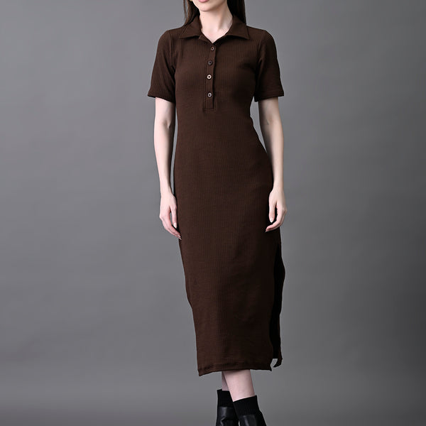 Myshka Women's Elegant Coffe Midi Dress With Collared Neckline - Distacart