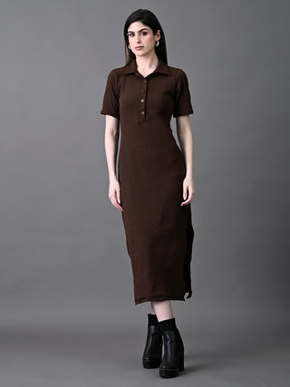 Myshka Women's Elegant Coffe Midi Dress With Collared Neckline - Distacart