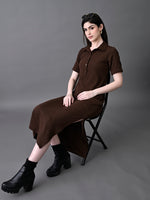 Thumbnail for Myshka Women's Elegant Coffe Midi Dress With Collared Neckline