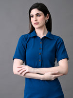 Thumbnail for Myshka Women's Elegant Blue Midi Dress With Collared Neckline