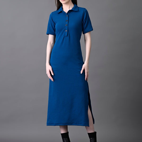Myshka Women's Elegant Blue Midi Dress With Collared Neckline - Distacart